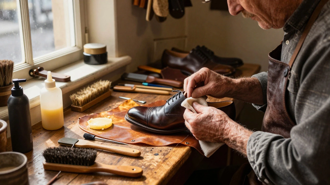 Cobbler polishing leather shoes in a traditional Irish workshop