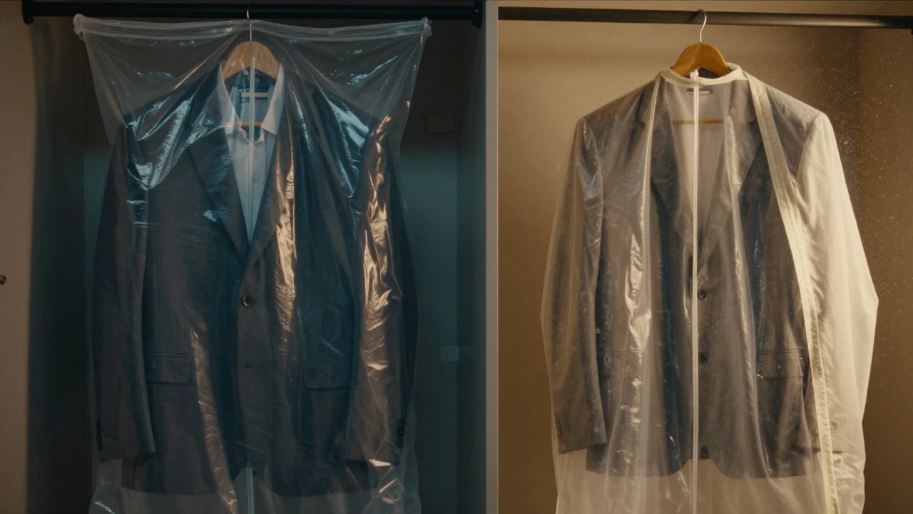 Comparison of suit in plastic bag versus breathable cotton cover