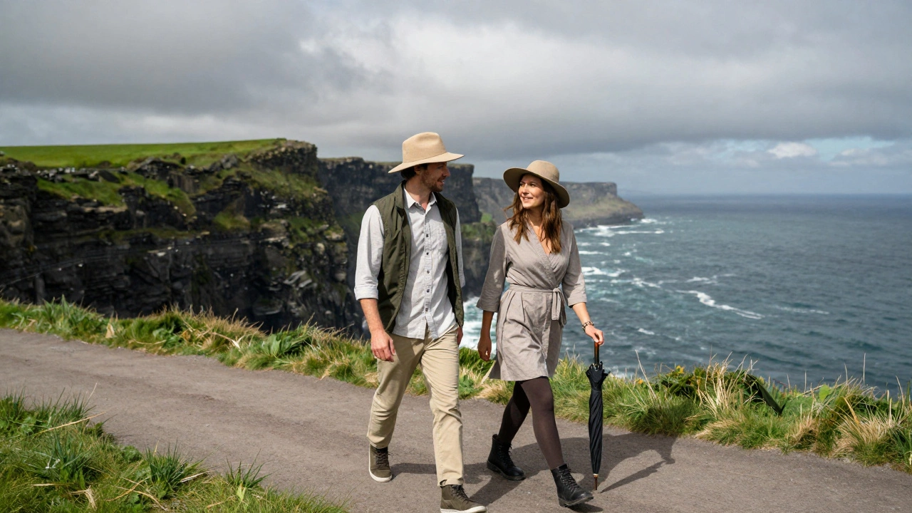 Couple hiking coastal cliff path in practical summer attire