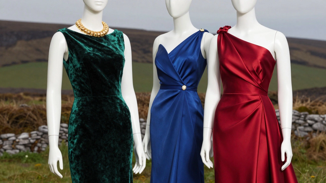 Emerald, sapphire, and ruby jewel tone evening dresses displayed