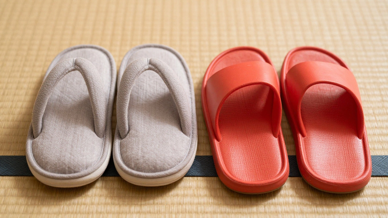 Fabric indoor slippers beside plastic toilet slippers on tatami mats