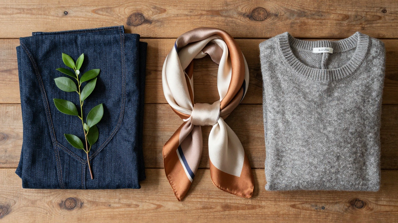 Flat lay of denim, wool sweater, and scarf for sustainable style