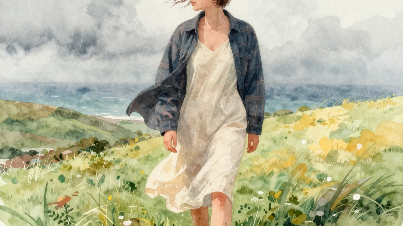 Illustration of man in sundress adapting to Irish weather changes