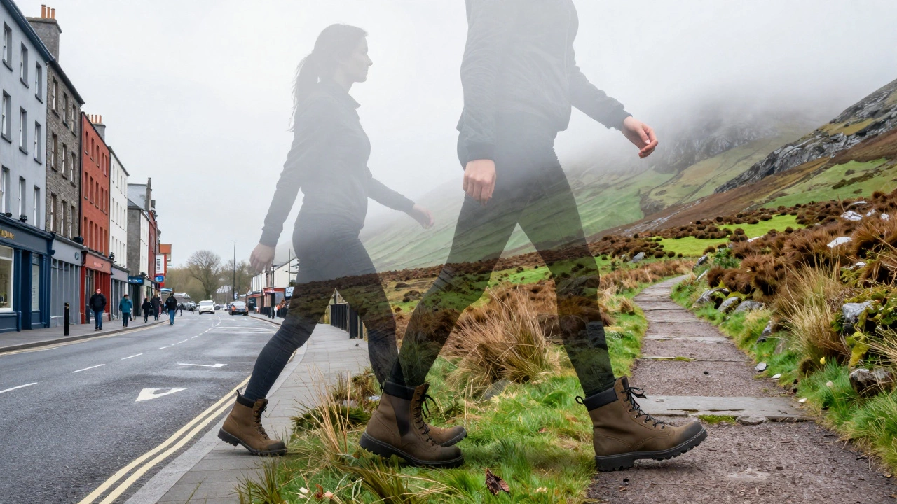 Illustration of woman walking from Dublin city streets to Connemara hills in versatile boots