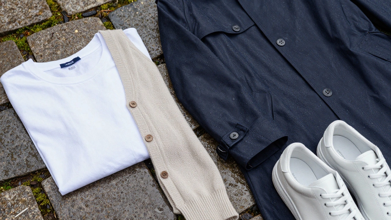 Layered clothing items like jackets and shoes on wet stones