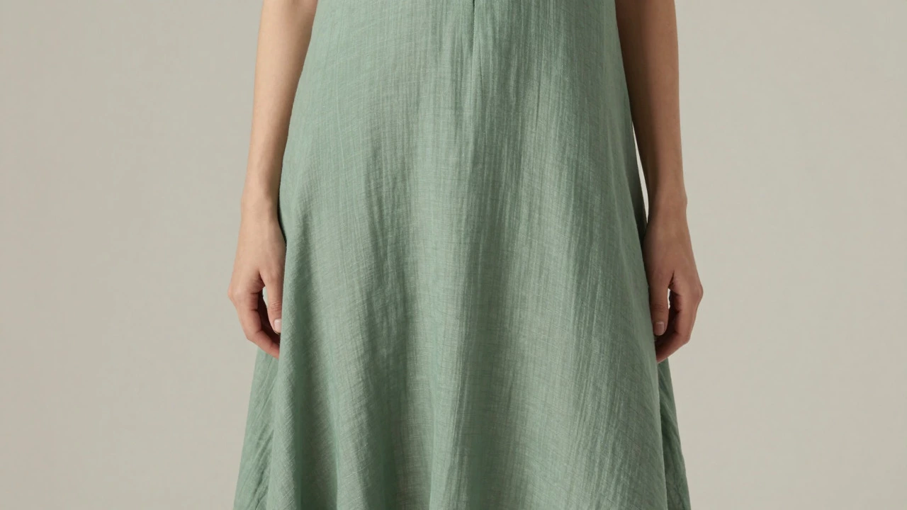 Model in monochromatic sage green outfit showing slimming effect