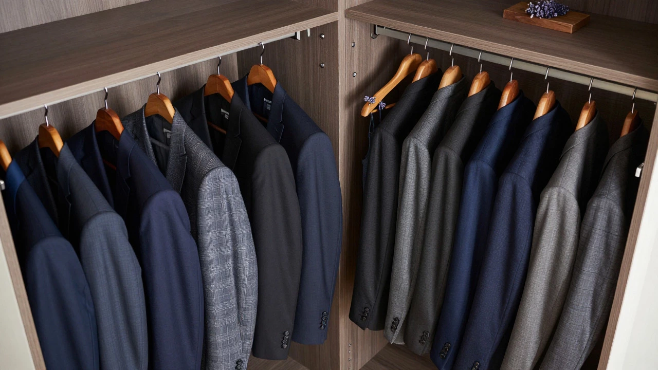 Organized wardrobe with suits on wooden hangers and cedar blocks