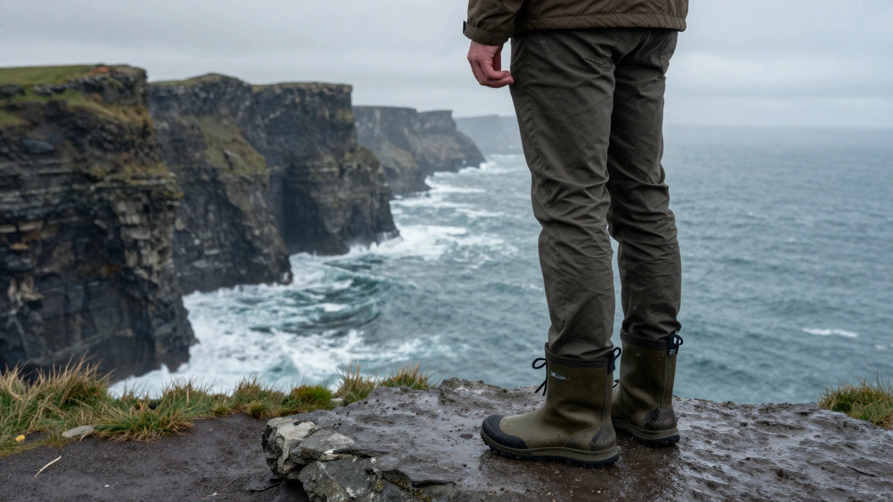 Person wearing waterproof trainers standing on rugged Irish coastal cliff overlooking sea