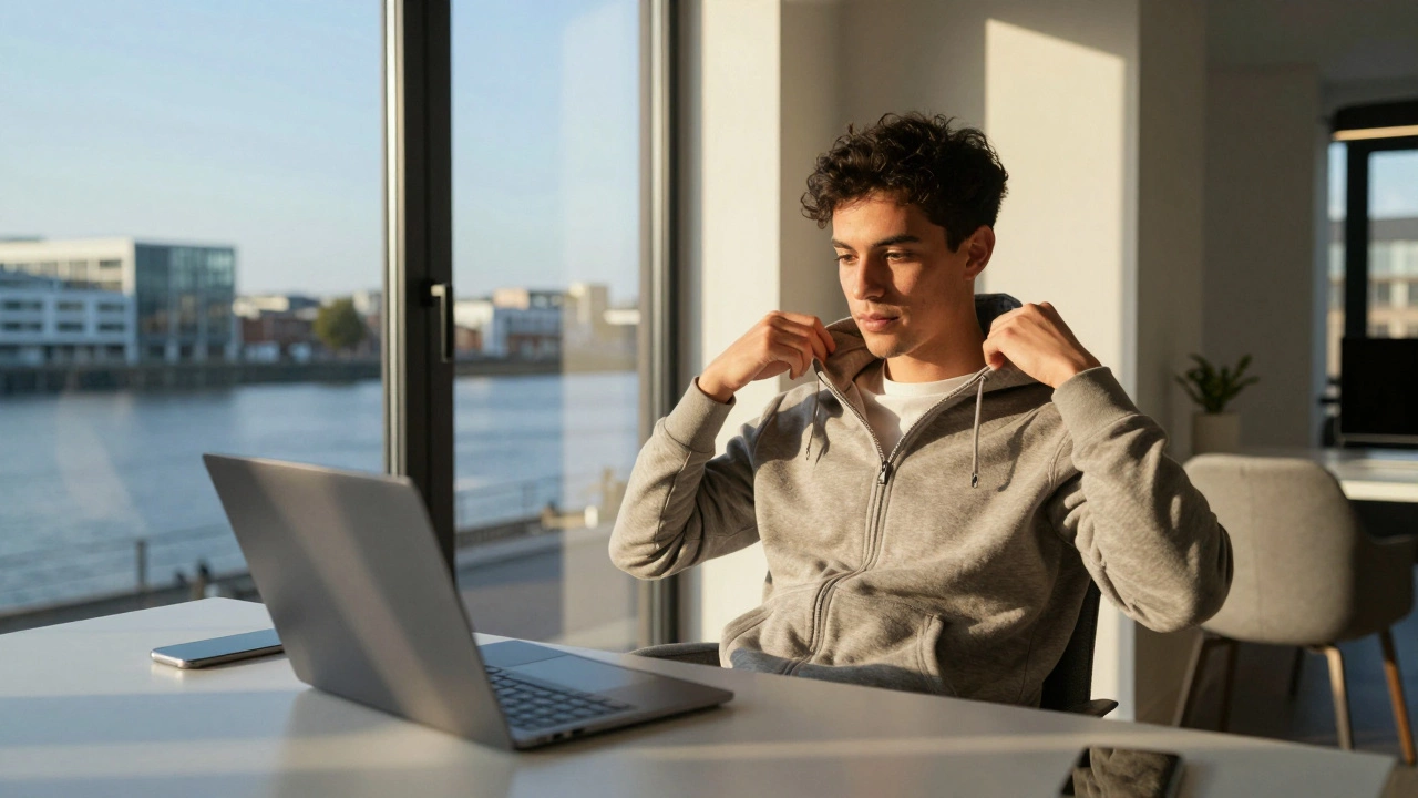 Professional putting on a cozy hoodie in a modern Dublin office