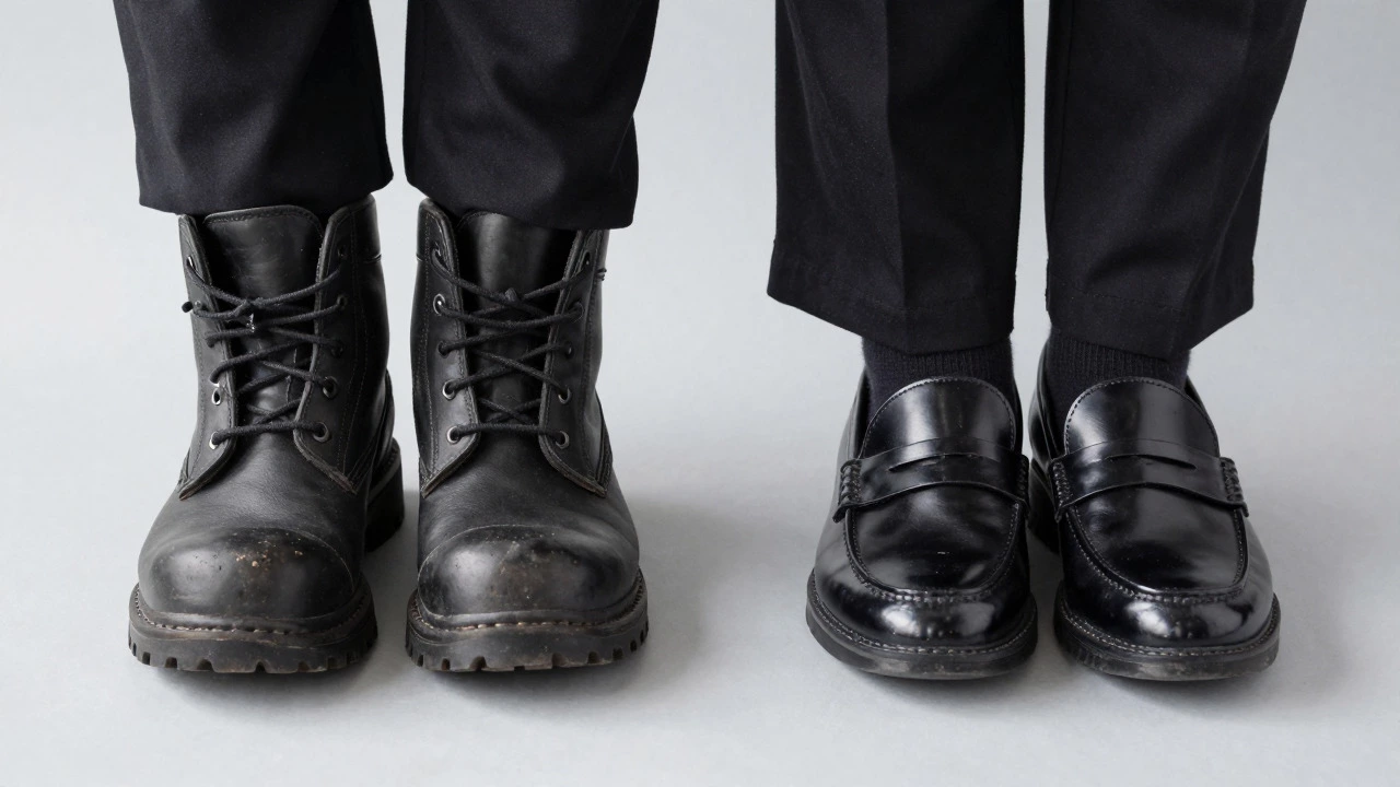 Safety boot next to formal shoe showing PPE vs uniform