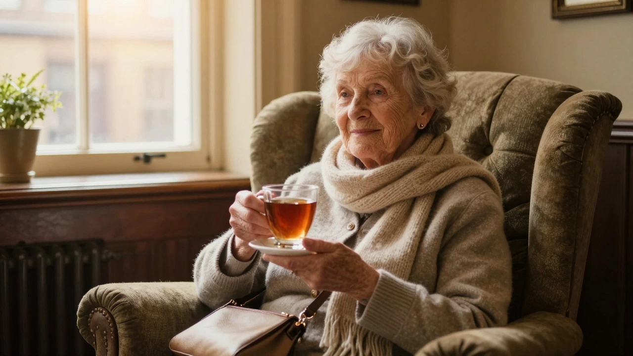 Senior woman relaxing with tea, wearing soft scarf and simple jewelry