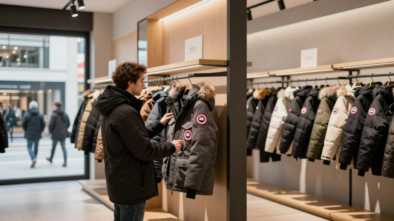Shopper examining premium winter jacket in upscale Irish store