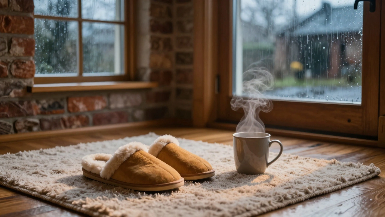 Warm cozy slippers on a rug in a room with rainy windows