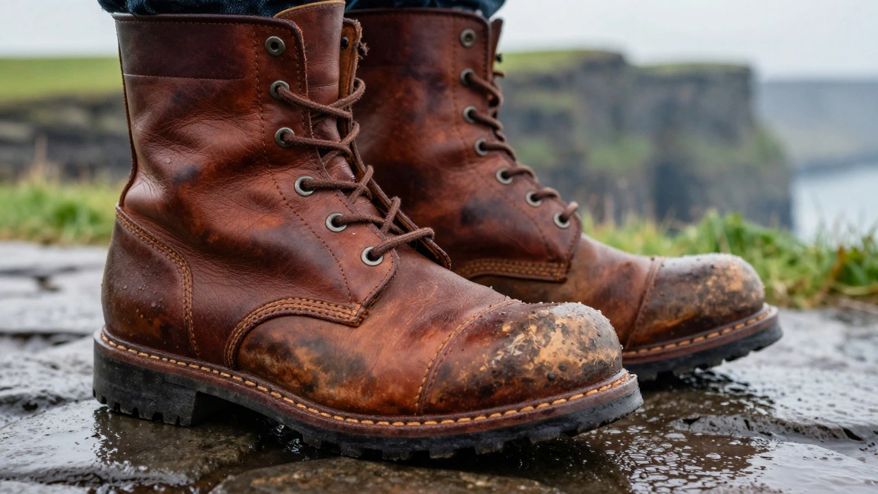 Waxed leather boots resisting rain on cobblestones near Irish cliffs