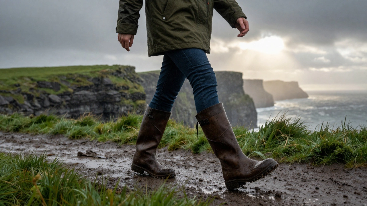 Woman hiking in rain wearing durable leather boots