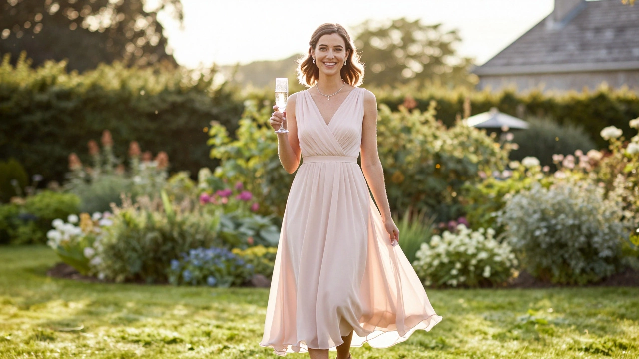 Woman in pastel pink dress at a sunny Irish garden party