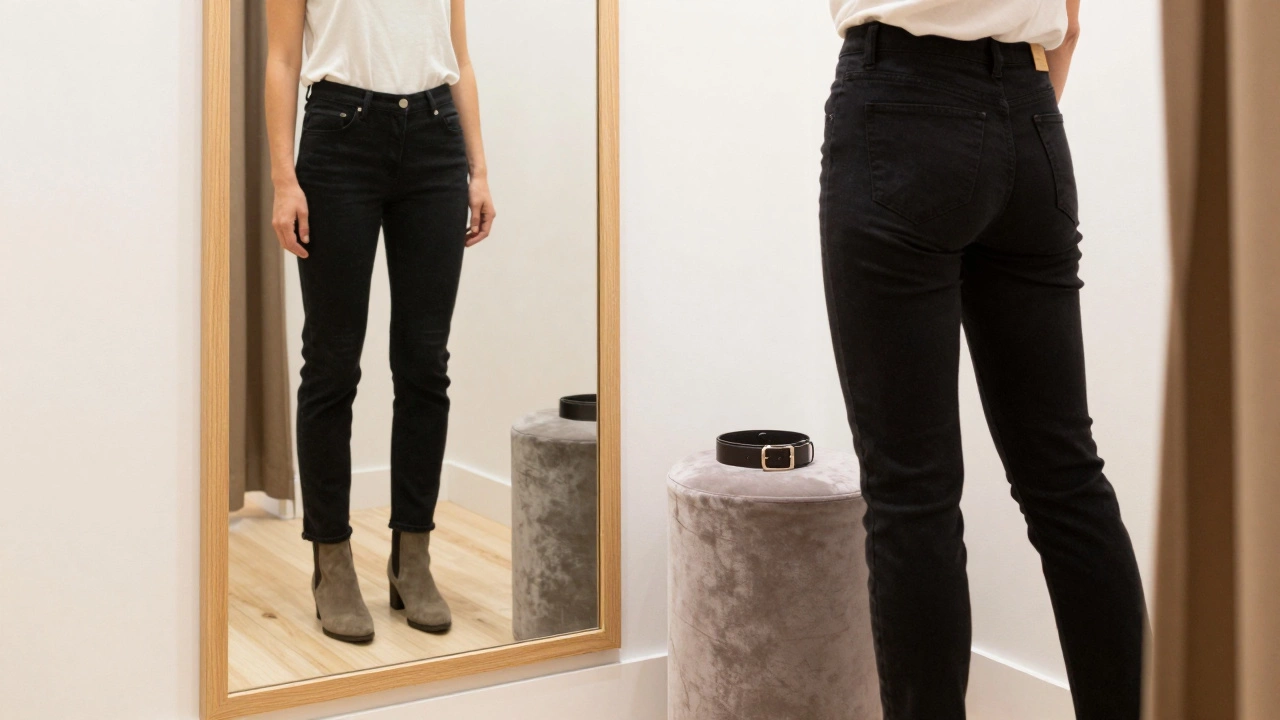 Woman trying on black jeans in a chic boutique fitting room