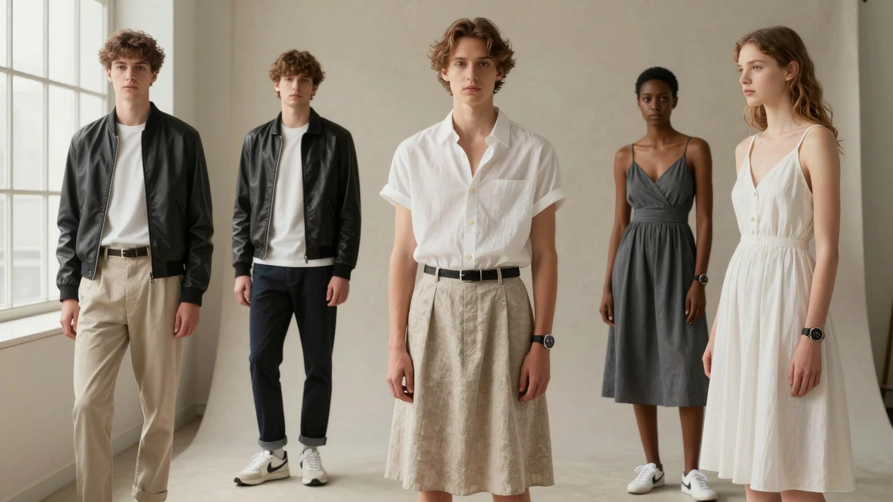 Young men styling sundresses with jackets and accessories