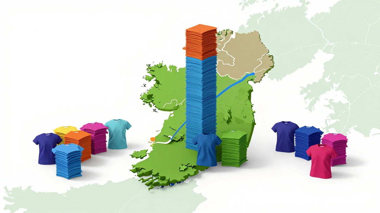 Artistic bell curve of t-shirt sizes over an Ireland map