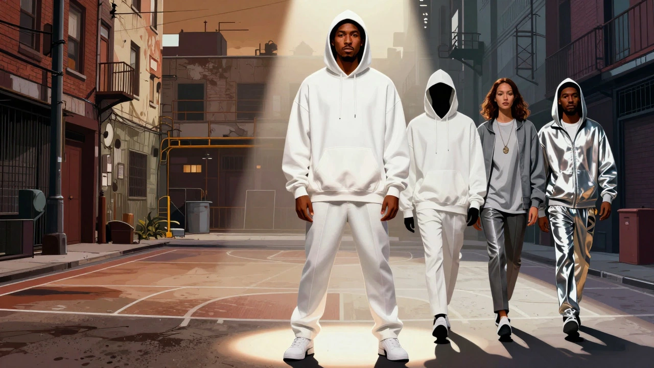Artistic collage showing the history of hoodies in hip-hop culture