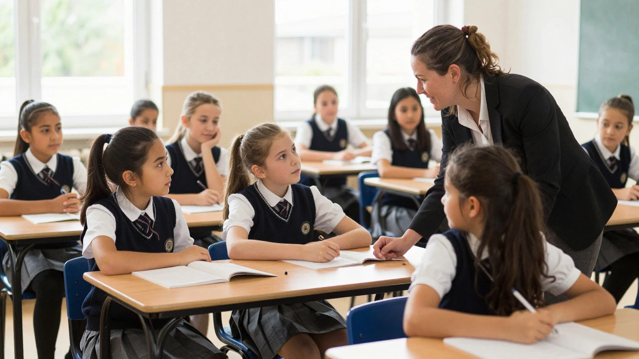 Classroom scene showing students in uniforms engaging with a teacher.