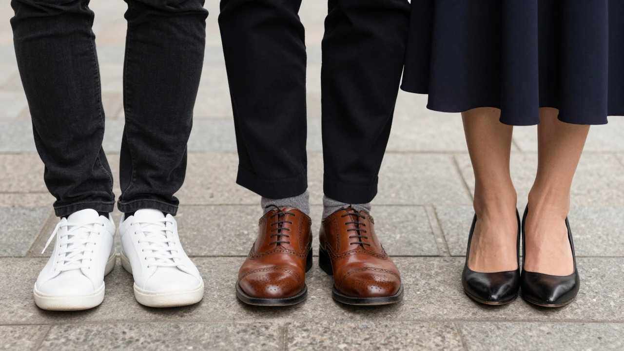 Close-up of appropriate smart casual footwear including brogues and white sneakers