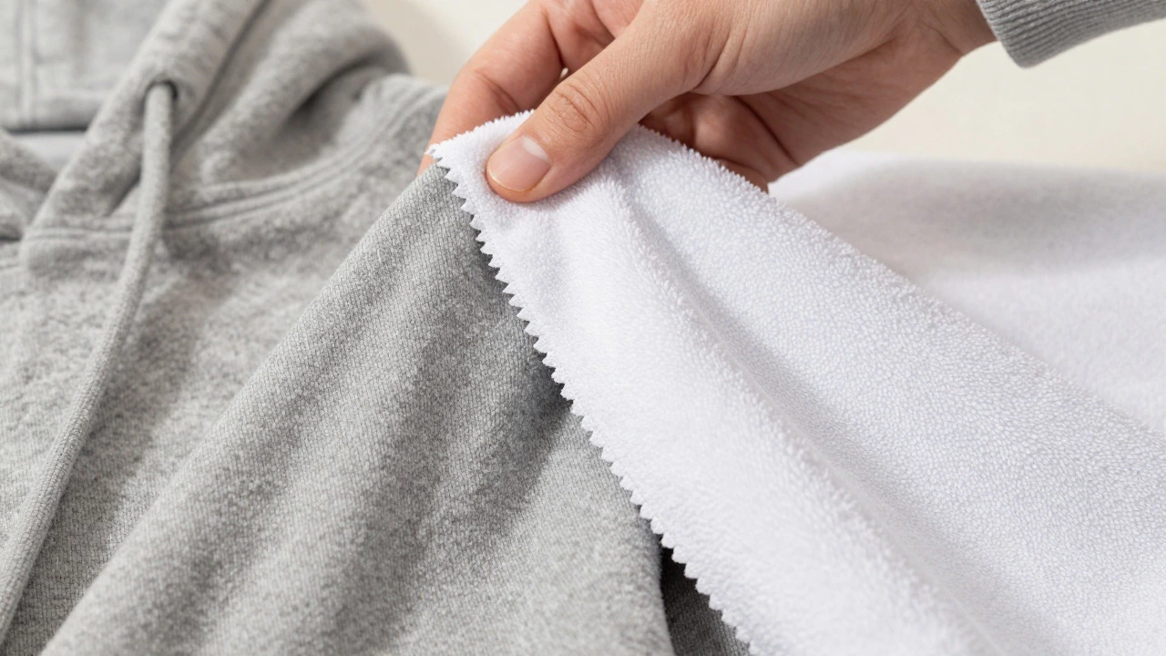 Close-up of cotton fleece, French terry, and synthetic hoodie fabrics
