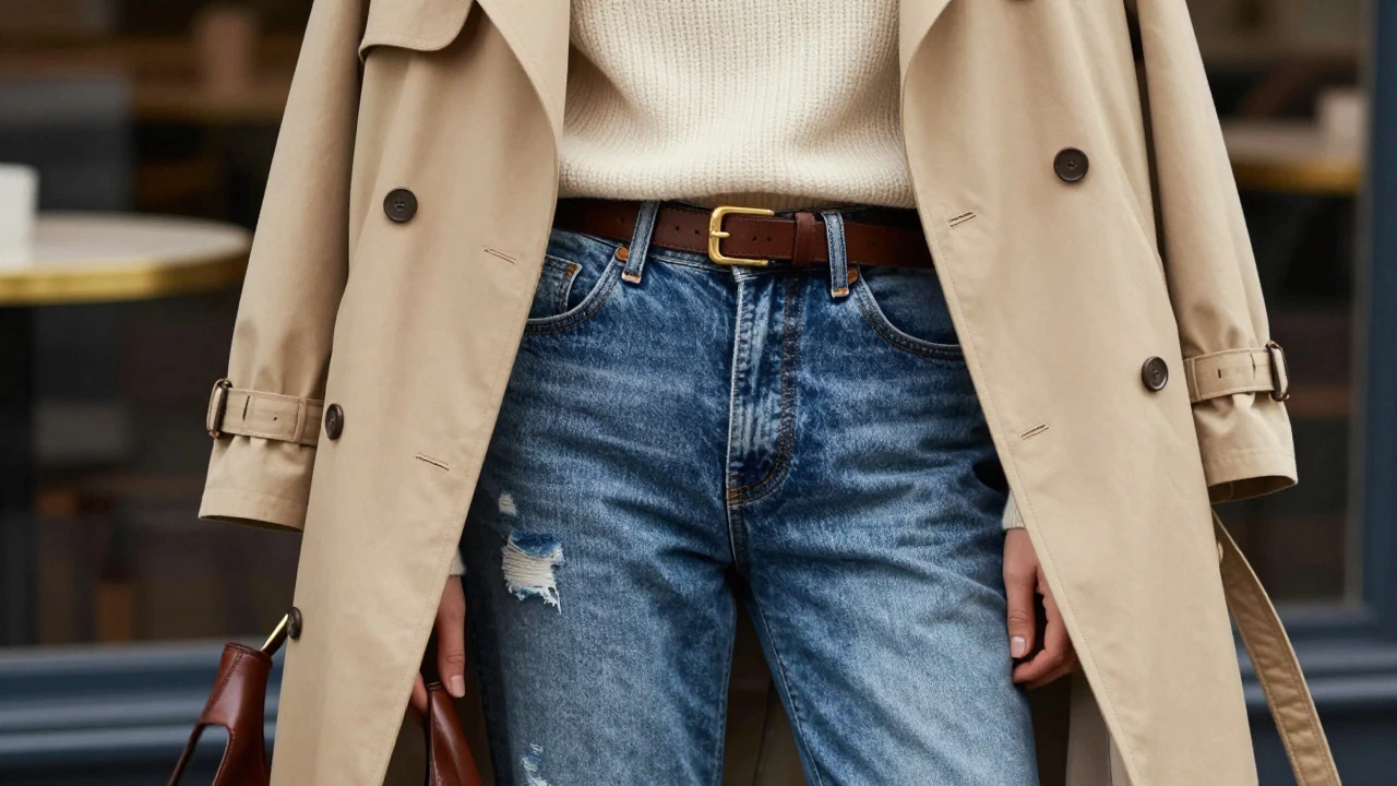 Close up of distressed jeans styled with leather boots and a trench coat