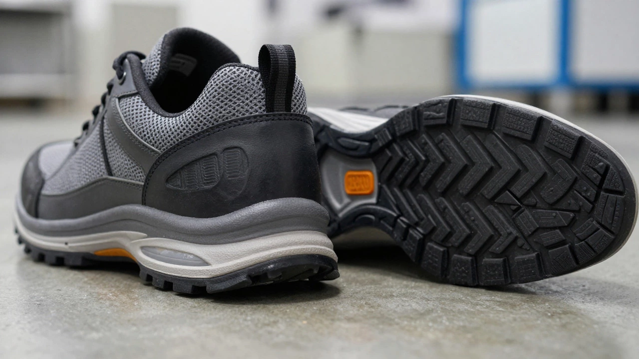 Close-up of ergonomic work shoes showing cushioned soles and arch support