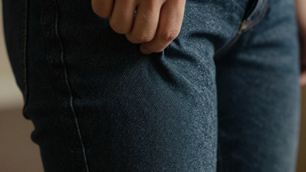 Close-up of hand testing stretch and texture of dark denim fabric