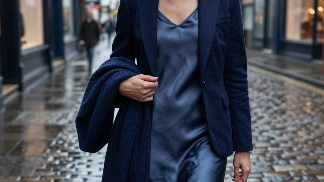 Close-up of layered fabrics including a blazer and cardigan in rainy Dublin