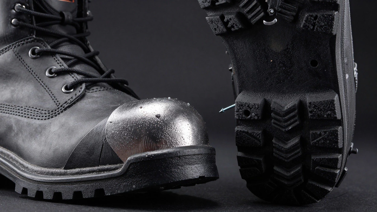 Close-up of safety boot sole and protective toe cap