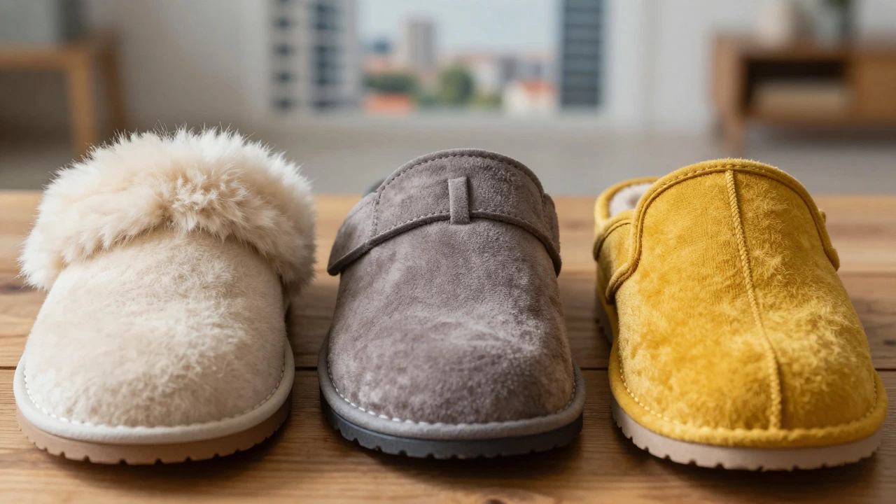 Cream, grey, and yellow slippers displayed on a wooden table