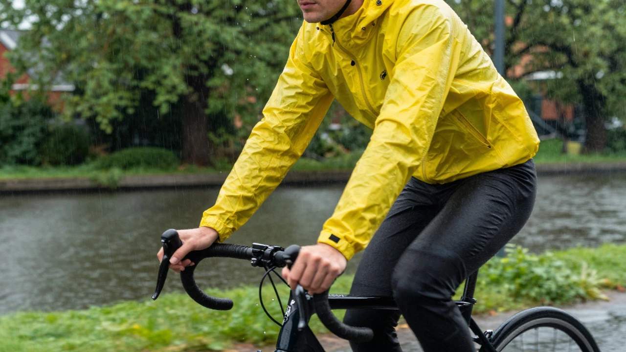 Cyclist in waterproof bomber jacket on Grand Canal