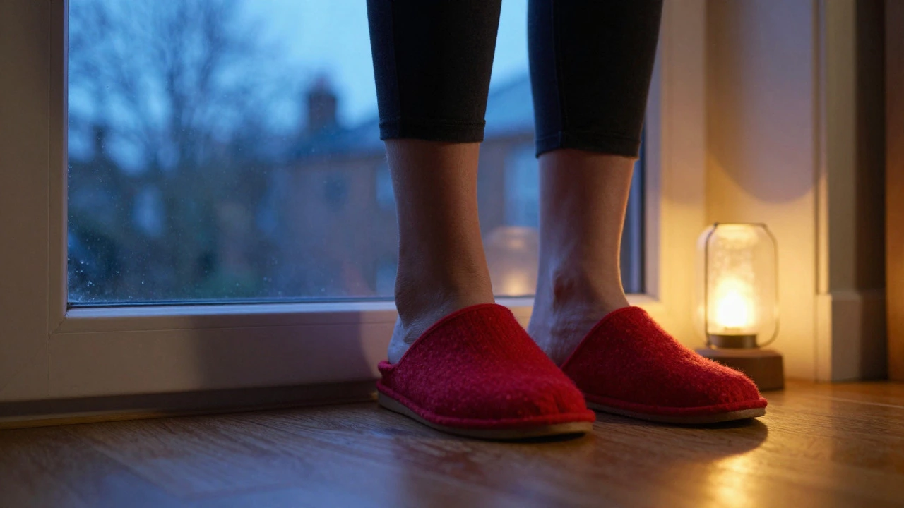 Feet stepping into bright red slippers in a cozy lit room
