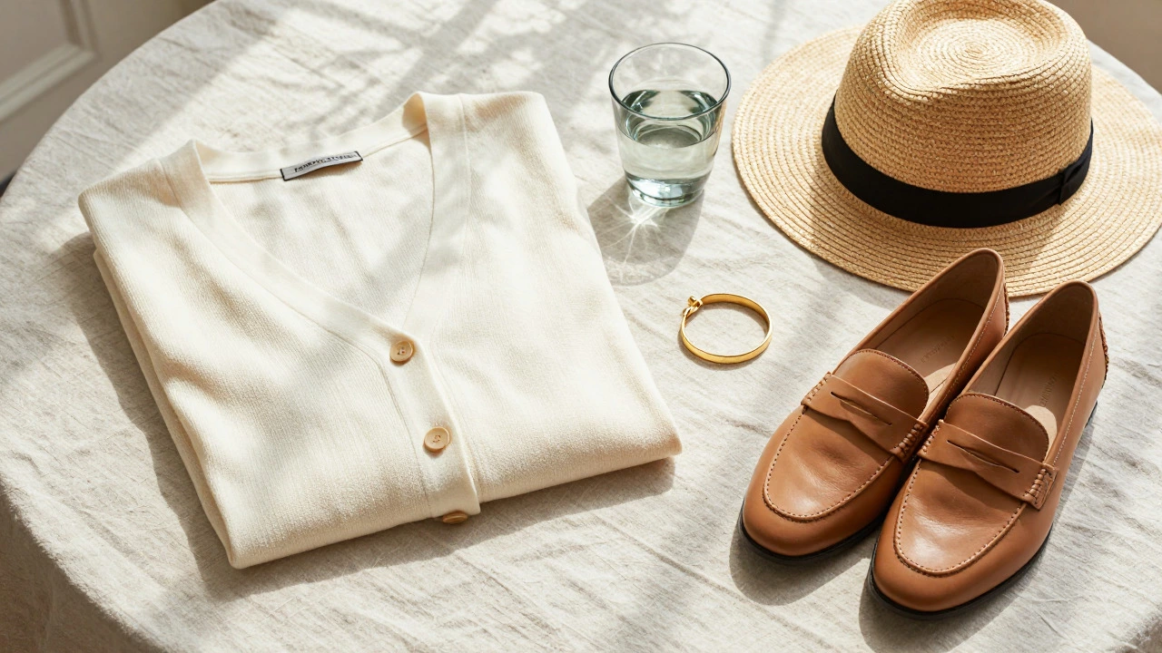 Flat lay of linen clothes, straw hat, and gold jewelry on a table