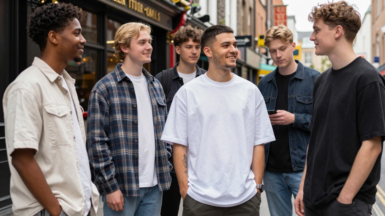 Friends wearing layered oversized tees in Dublin streets