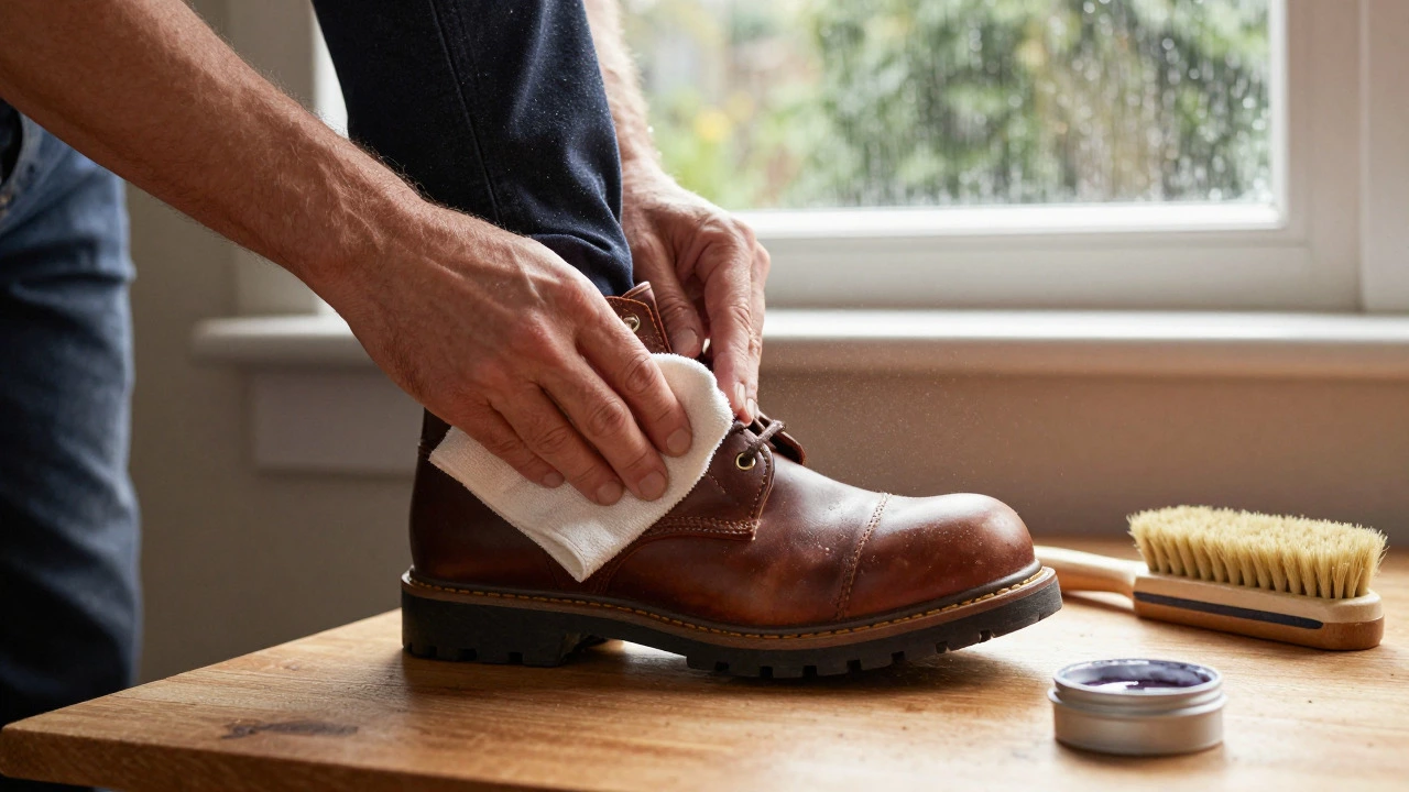 Hands conditioning leather safety boots indoors near a rainy window
