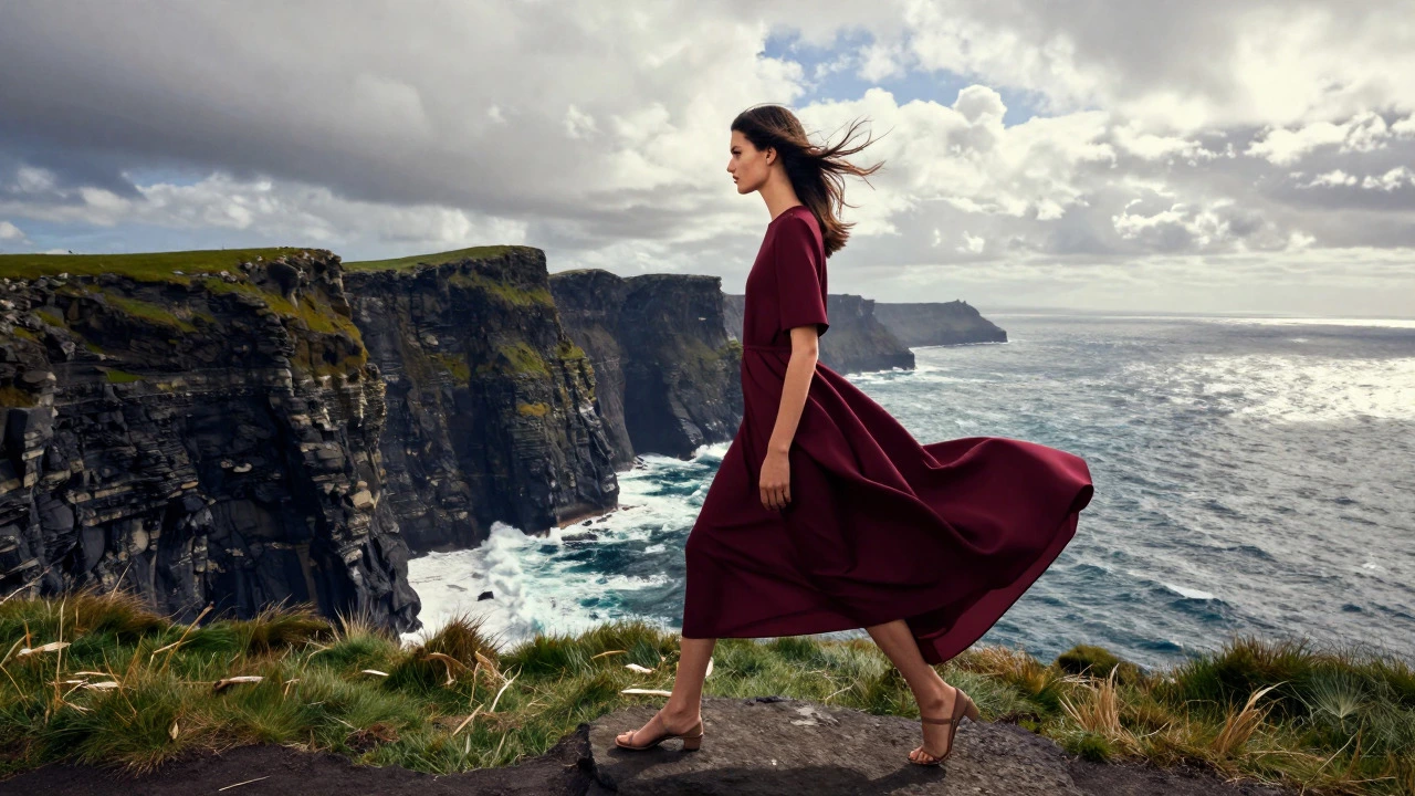 Model in burgundy dress walking along the windy Cliffs of Moher coastline