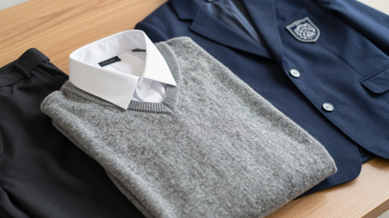 Neatly arranged navy blazer, grey jumper, white shirt, and black trousers