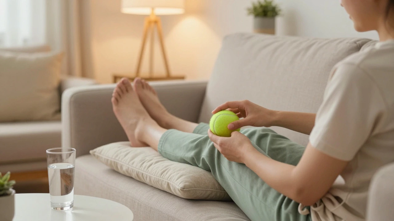 Person elevating legs and using a tennis ball for foot massage at home