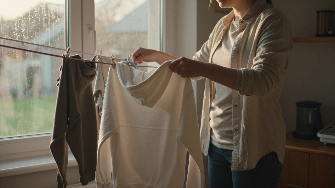 Person hanging a hoodie to dry indoors in a cozy, sunlit room