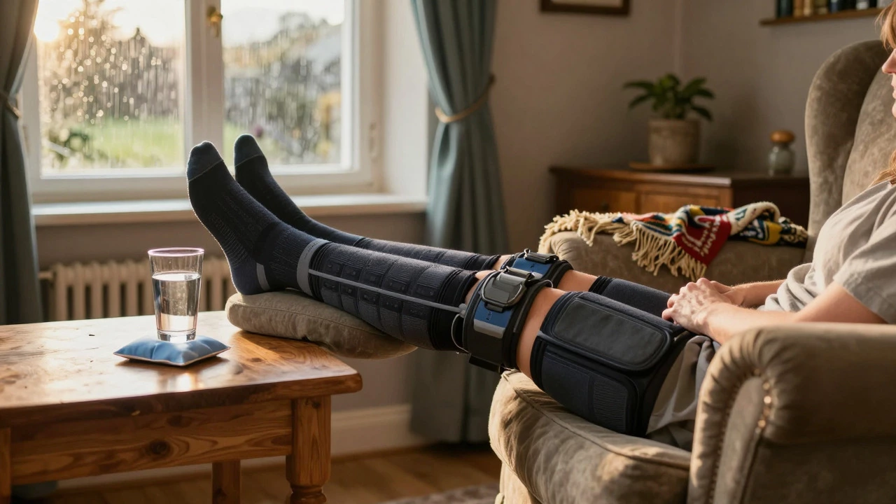 Person resting with elevated legs and compression socks in a cozy room