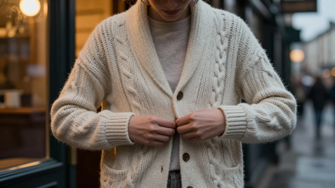 Person unbuttoning merino cardigan at pub entrance