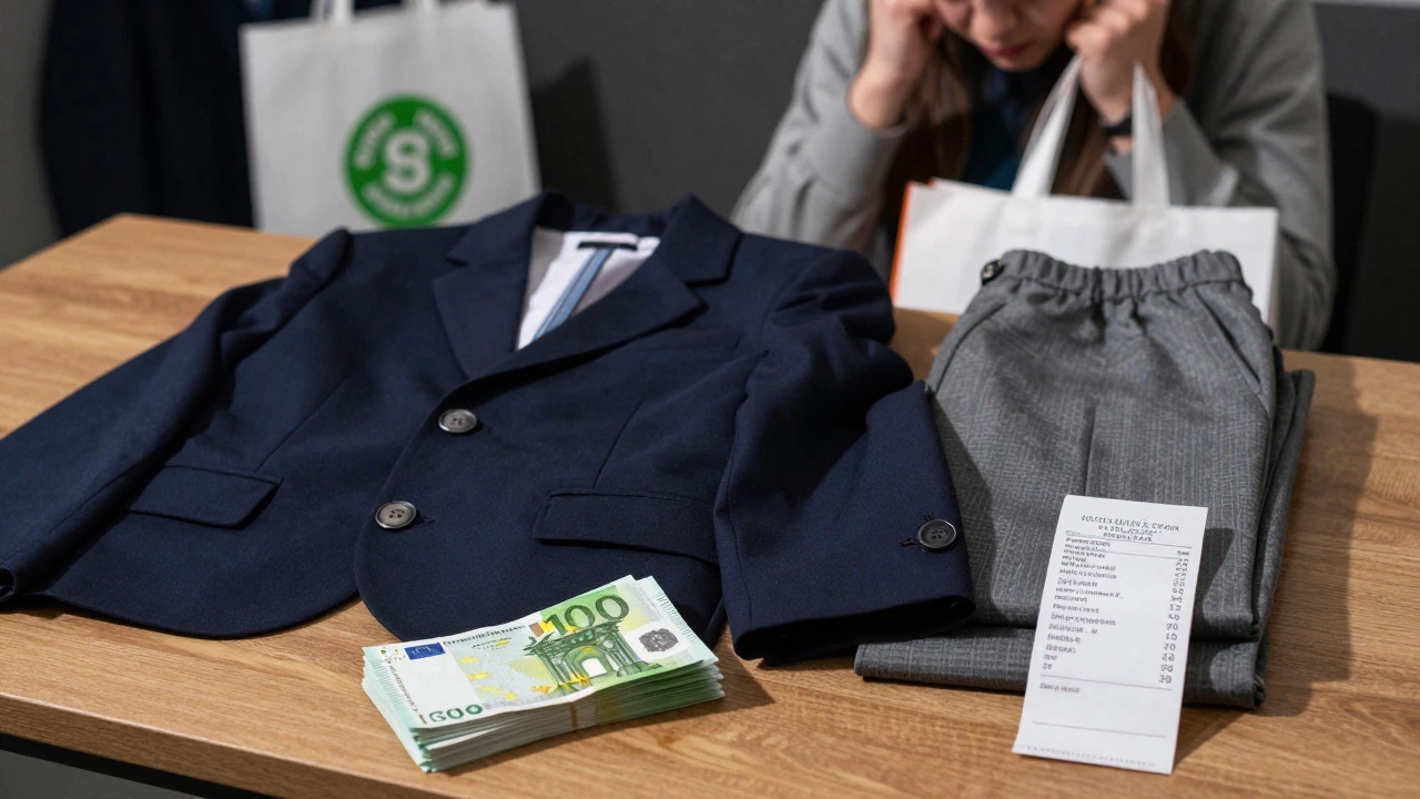 Pile of school uniforms and euro notes illustrating financial costs.