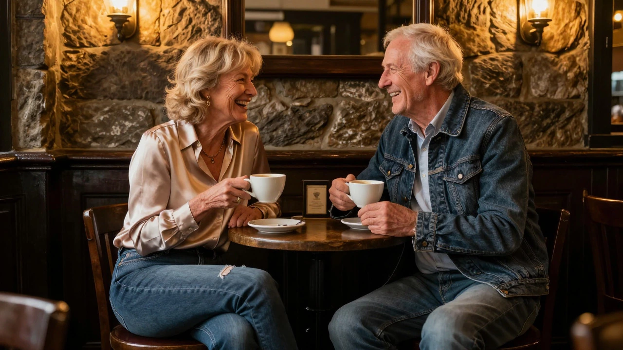 Senior couple smiling in a cozy Irish pub wearing refined denim outfits