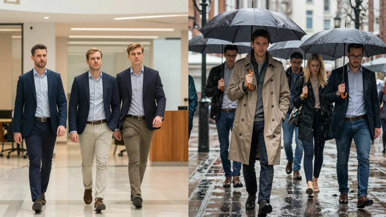 Split view of smart casual outfits indoors and in the rain highlighting weather protection