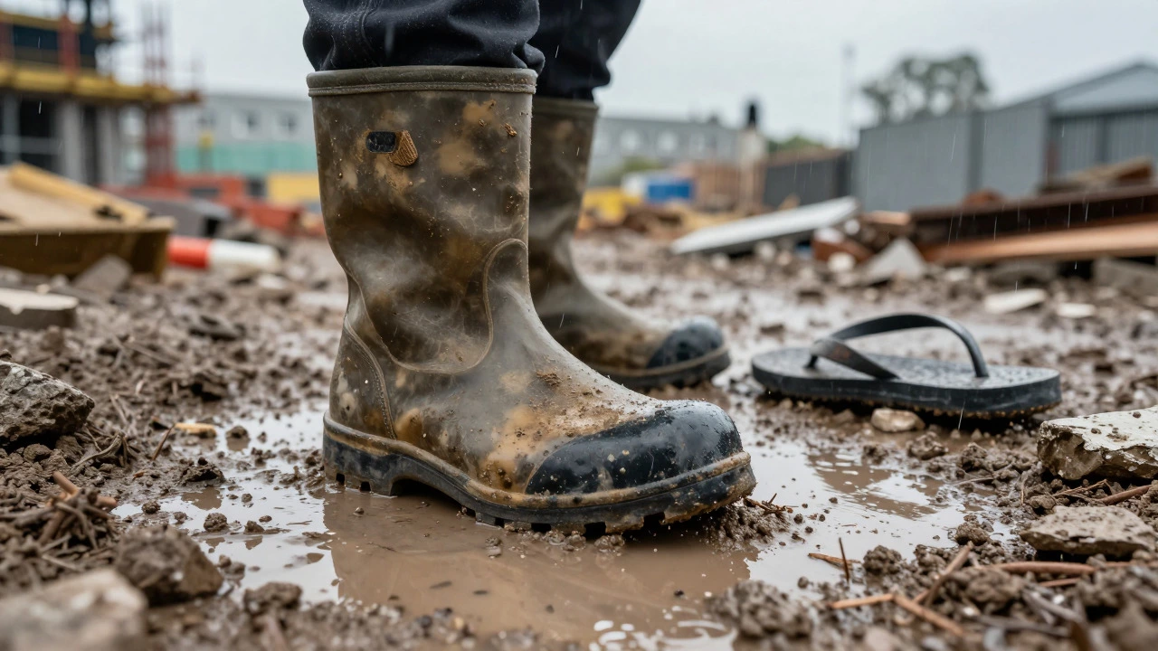 Steel-toe boot stepping in mud on construction site