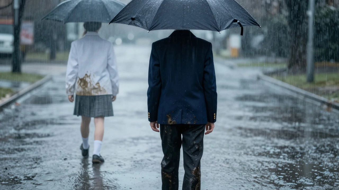 Student in dark uniform standing in rain, hiding mud splashes effectively