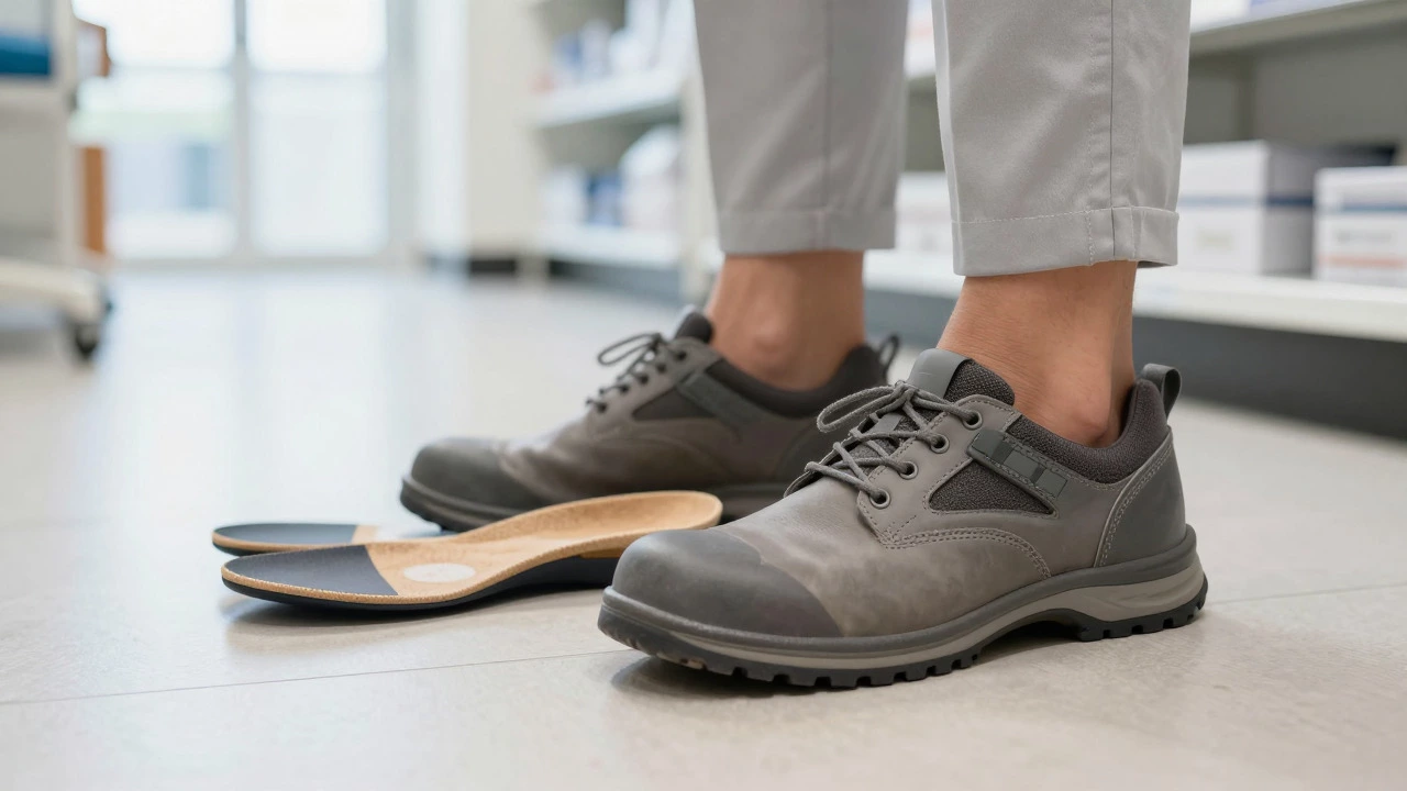 Supportive work shoes and custom insoles displayed on a clean floor